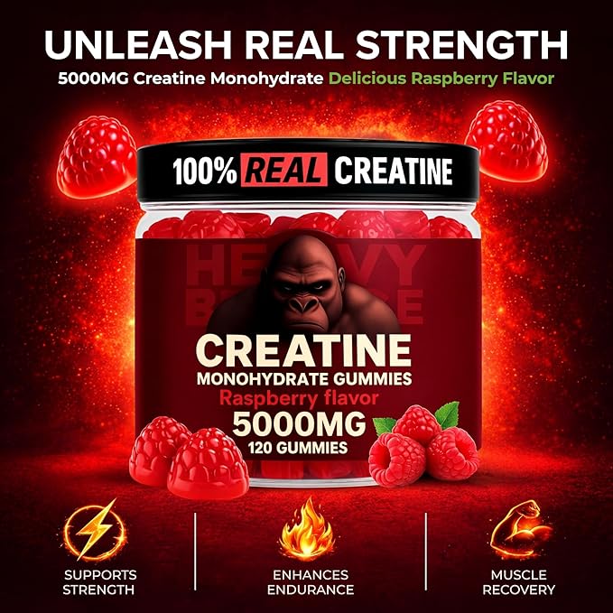 Creatine Monohydrate Gummies 5g Sugar Free Creatine with Vitamin B12 and L-Taurine | Muscle Growth for Men and Women | Low Calorie Formula 120 Gummies for 30 Servings Raspberry