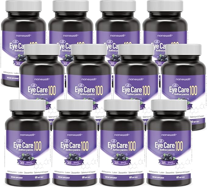 NANOWELL EyeCare Anthocyanins 100 - Eye Health Supplement with Bilberry Zeaxanthin Lutein Anthocyanins Vitamin A E Selenium &amp Copper - 60 Softgels 60 Day Supply
