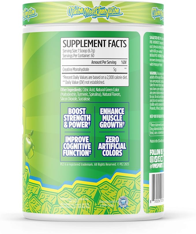 VMI Sports Creatine Monohydrate Powder Muscle Mass – Strength – Size – Power | 5 Grams per Serving (60 Servings PEZ Sour Green Apple)