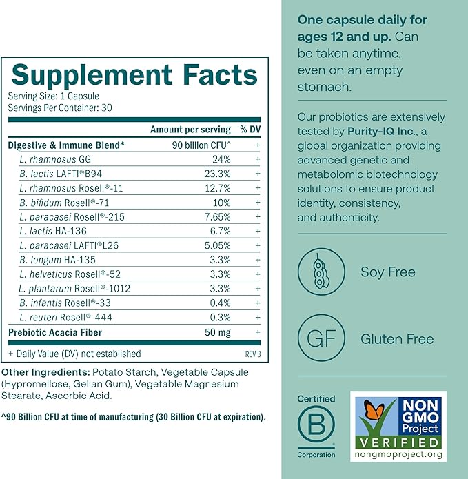 True Grace One Daily Probiotic - 30 Vegetarian Capsules - 90 Billion CFU - Gut Digestive &amp Immune Health Support Blend with Prebiotic Fiber - Gluten &amp Soy Free