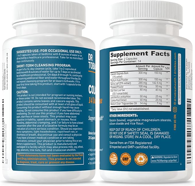 Dr. Tobias Colon Cleanse - Constipation Relief &amp Gut Health Support for Women &amp Men | 14 Day Colon Cleanser for a Gentle Colon Detox &amp Gut Flush - 3 Bottles of 28 Capsules