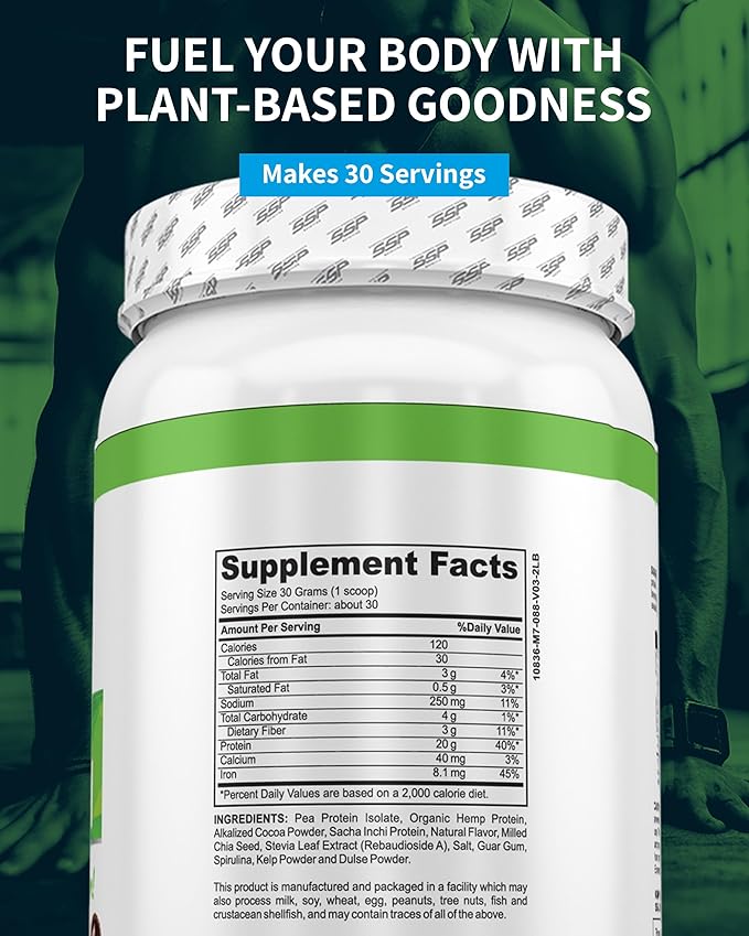 SSP Vegan Protein - Pea Isolate Hemp &amp Sacha Inchi Blend - Pre &amp Post-Workout Recovery Drink Nutrition (2 lb Chocolate)
