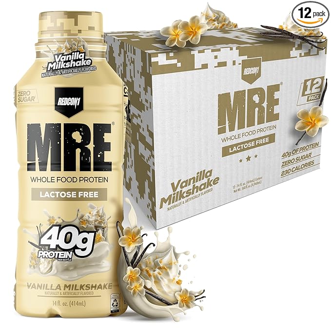 REDCON1 MRE Ready to Drink Protein Shake Vanilla Milkshake - Lactose Free RTD 40gr Protein Made with Real Whole Food Protein Blends - Easy to Digest Nutritional Shake (12 Pack)