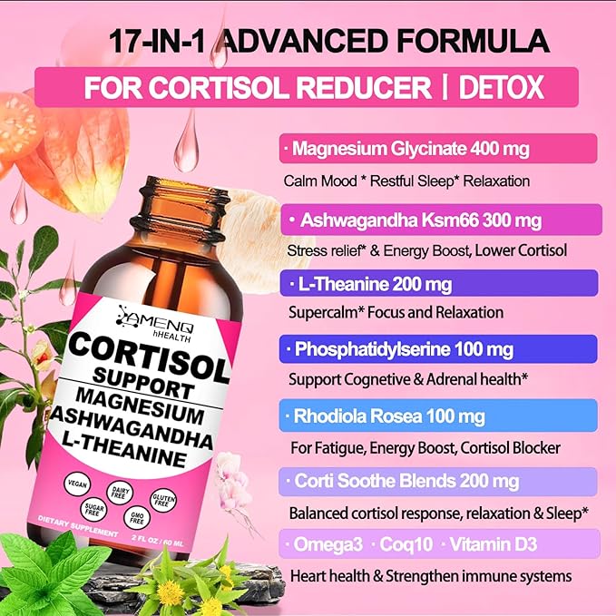 2 Pack Cortisol Supplements for Women 17-in-1 Cortisol Calm Detox Reducer Manager w. Magnesium Ashwagandha Theanine Cortisol Liquid Drops for Relax Recess Mood &amp Hormone Harmony Cortisol Drink