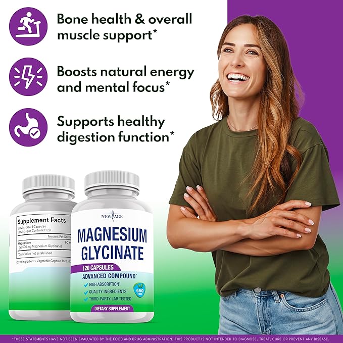 Magnesium Glycinate 500mg | 90mg Elemental Magnesium Supplement- High Absorption Non Buffered Non-GMO &amp No Gluten - Muscle &amp Bone Health - 360 Vegan Capsules