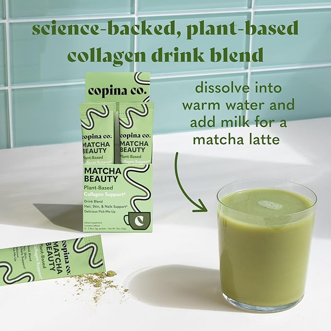 Copina Co. Matcha Beauty Vegan Collagen Booster Drink Blend: Plant Based Collagen Support Smoothie Drink Vegan Blend Variety Pack | Matcha Flavor | 10 Individual Stick Packs per Carton