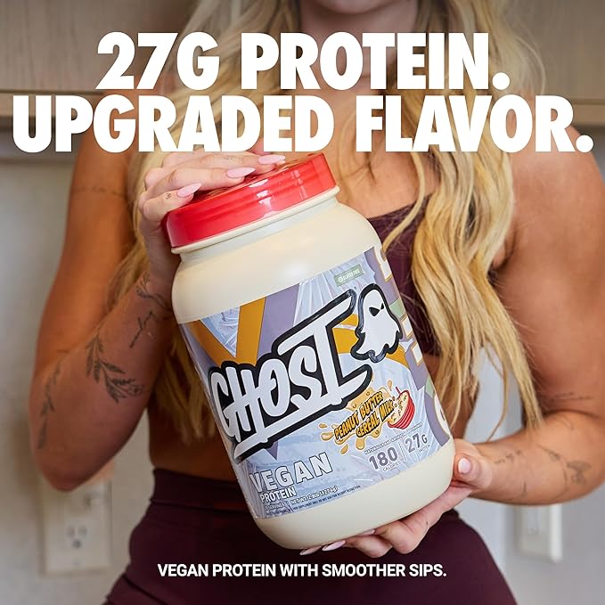 GHOST Vegan V2 Protein Powder Peanut Butter Cereal Milk - 2LB Tub 27G of Protein - Plant-Based Pea &amp Organic Pumpkin Blend Protein with Fiber &amp Iron ­Flavored Post Workout Shakes - Soy &amp