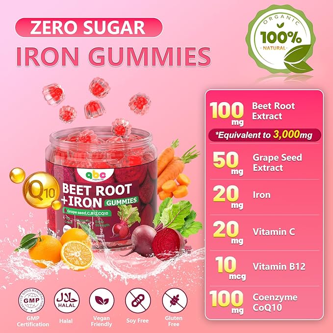 Beet Root Gummies 100mg – Red Beet Chewables with Grape Seed CoQ10 Vitamin C Iron &amp B12 – Supports Energy Metabolism &amp Healthy Circulation – Sugar Free Supplement for Women &amp Men 120 C
