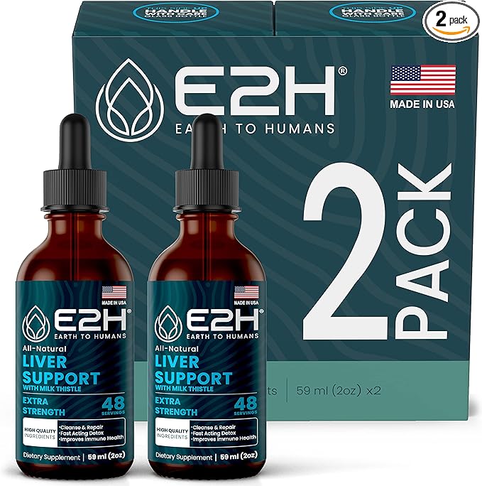 E2H Liver Support Supplement with Milk Thistle - Liver Health Formula - Artichoke Extract Dandelion Root Chanca Piedra and More - Absorbent Liquid Formula (2 Bottles)