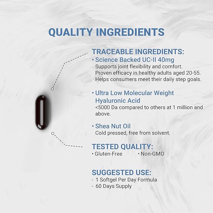 Naturalis UC-II 40 mg with Hyaluronic Acid and Shea Nut Oil | Enhanced Undenatured Type II Collagen for Better Joint Health Mobility &amp Flexibility | Gluten-Free &amp Non-GMO | 60 Softgels