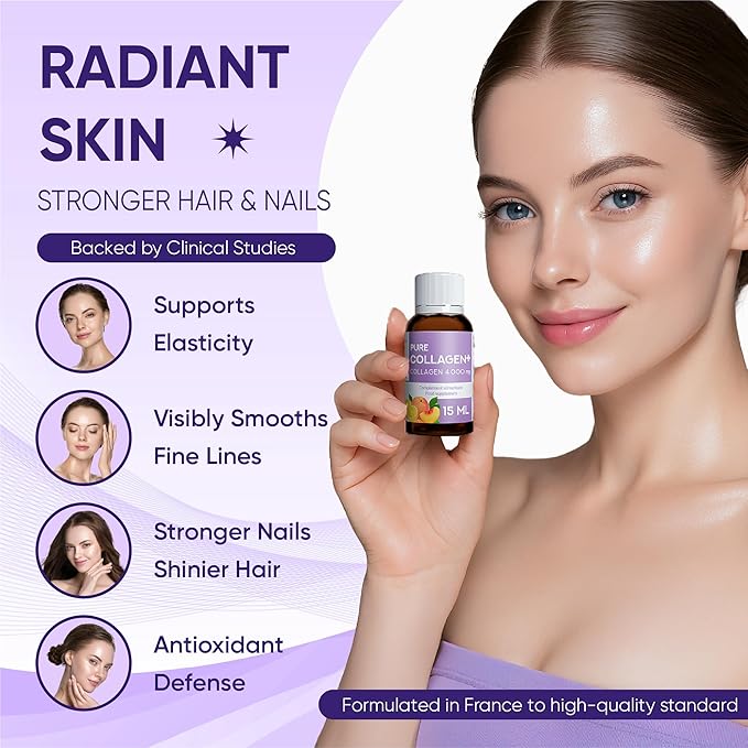 ERIC FAVRE Pure Collagen+ Liquid Collagen for Women – 4000mg Marine Peptides for Radiant Skin Hair &amp Nail Health – Hyaluronic Acid Vitamin E – 10 Shots Peach Lemon Flavor