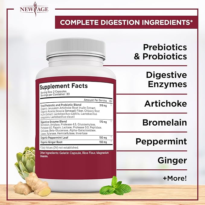 NEW AGE Digestive Enzymes for Gut Health - Probiotic Multi Enzymes with Prebiotics and Probiotics with Lipase for Women and Men for Digestive Health Daily Enzymes for Digestion - 180 Count