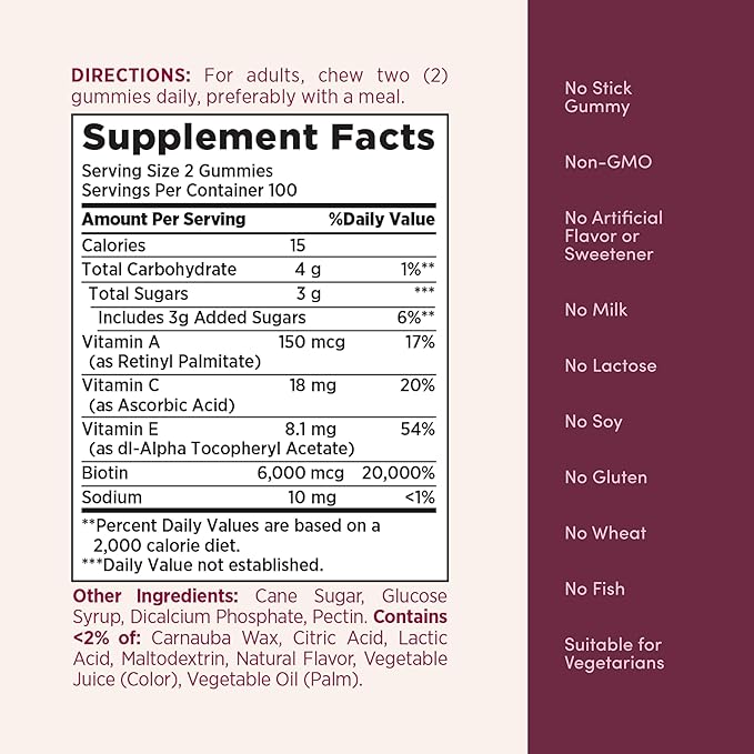 Nature's Bounty Optimal Solutions Advanced Hair Skin and Nails Pectin Gummies 2X Biotin Per Serving No Stick Gummy Vegetarian Formula Strawberry Flavor 200 ct 100 Total Servings (Pack of 2)