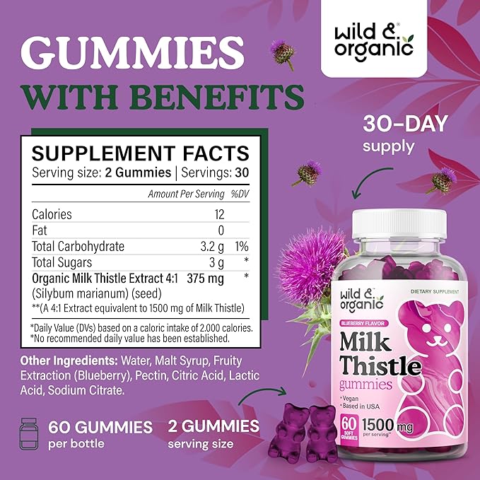 Wild &amp Organic Milk Thistle Gummies 1500mg - Herbal Supplement for Liver Cleanse Detox - Silymarin Milk Thistle Liver Detox Gummies - 60 Vegan Non-GMO Chews