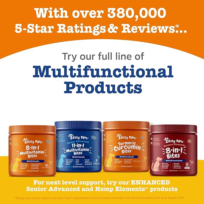 Zesty Paws Senior Dog Multivitamin Treats - Glucosamine for Dogs + Digestive Enzymes &amp Probiotics - Grain Free Dog Vitamins and Supplements for Skin &amp Coat + Immune Health Chicken - Advanced -