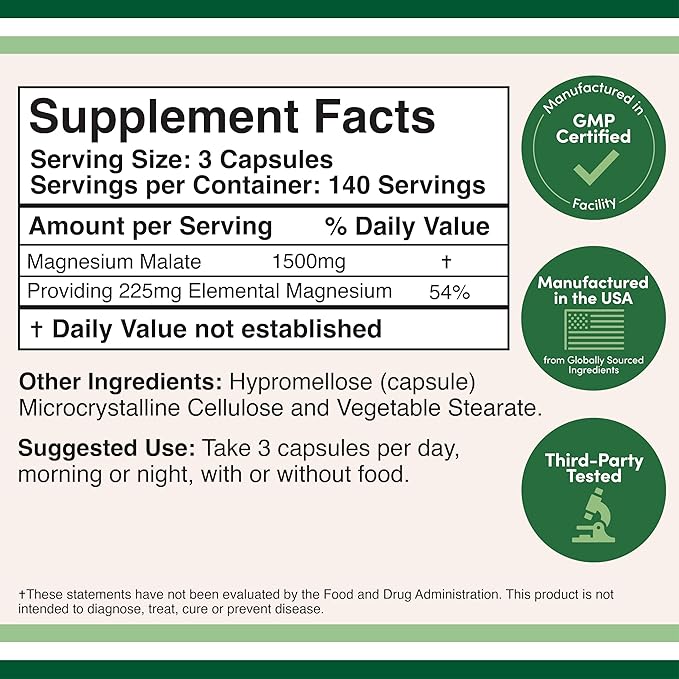 Magnesium Malate Capsules (420 Count) - 1500mg Per Serving (Magnesium Bonded to Malic Acid) Third Party Tested Vegan Friendly Gluten Free by Double Wood Supplements