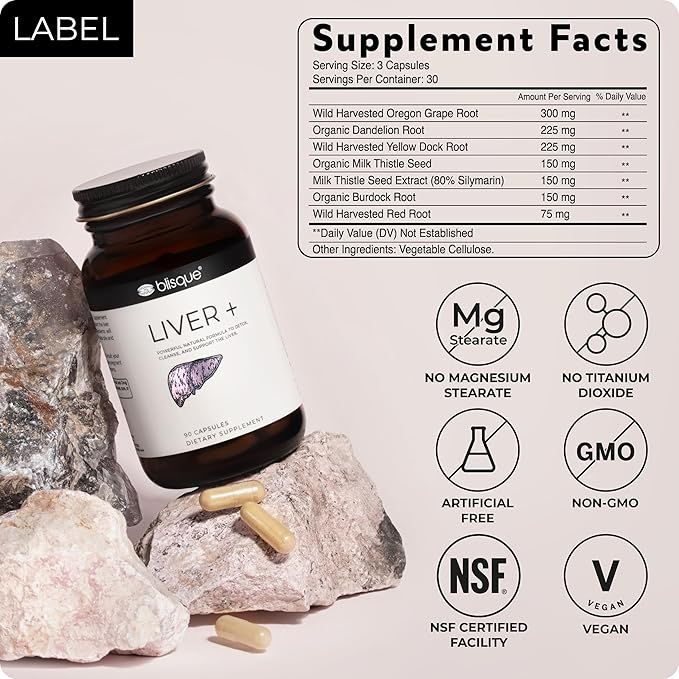 Blisque – Liver Complex Supplement to Detox Cleanse and Repair the Liver | Doctor Approved | Natural Ingredients | Milk Thistle Dandelion and Burdock Root | 90 Capsule Pills