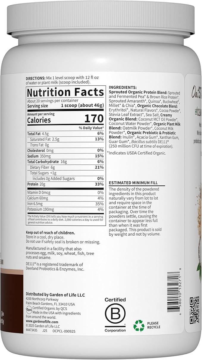Garden of Life Creamy Plant Protein + Oat Milk Powder + Chocolate Flavor Vegan Protein Powder – Plant Based Prebiotics &amp Probiotics Gluten-Free Non-GMO Chocolate Brownie Flavor 2 LBS