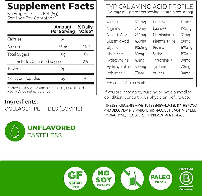 Orgain Hydrolyzed Collagen Peptides Travel Packets For Women &amp Men - 5g Grass Fed Collagen Per Serving Hair Skin Nail &amp Joint Support Supplement Non-GMO Type I &amp III - Unflavored (25
