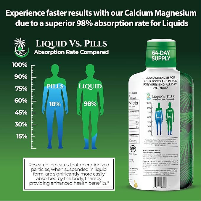 Tropical Oasis Liquid Calcium Magnesium | Promotes Strong Bones &amp Healthy Teeth | 98% Max Absorption | 32 Fl Oz 64 Serv