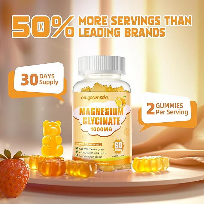 Magnesium Glycinate Gummies 1000mg - Sugar Free Magnesium Potassium Supplement with Vitamin D B6 CoQ10 for Calm Mood &amp Sleep Support - 120 Orange Gummies 2 Pack