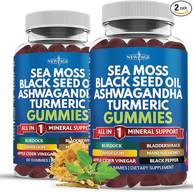 Sea Moss Gummies Sea Moss Black Seed Ashwagandha Turmeric Manuka Honey ACV Dandelion Black Pepper Burdock Bladderwrack Vegan - 120 Count