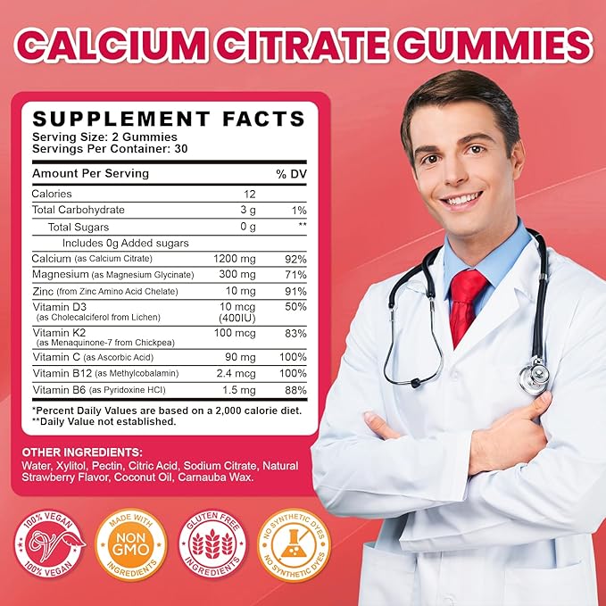 Calcium Citrate Gummies - 1200mg Calcium Gummies Supplements for Women &amp Men with Vitamin D3 K2 Magnesium Zinc High Absorption for Bone Muscle &amp Immune Support Strawberry Flavor 120 Coun