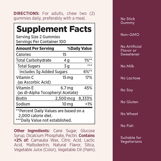 Nature's Bounty Optimal Solutions Hair Skin and Nails Pectin Gummies 2500 mcg Biotin Per Serving No Stick Gummy Vegetarian Formula Strawberry Flavor 200 Count 100 Total Servings (Pack of 3)