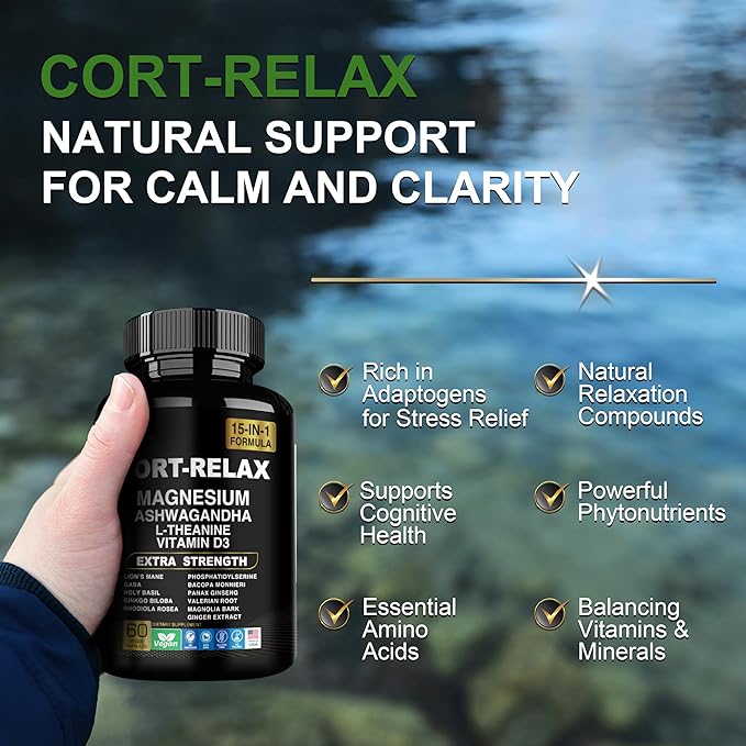 Super Calm Cortisol Supplement with Magnesium Glycinate Ashwagandha KSM-66 L-Theanine Phosphatidylserine Ginkgo Biloba &amp Lions Mane for Calm Focus Mental Clarity Relaxation Sleep Energy