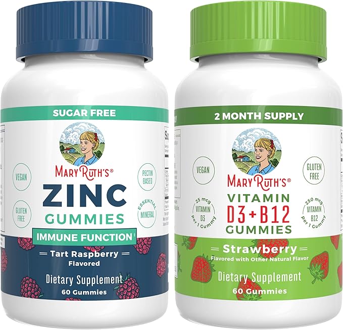 MaryRuth Organics Zinc Gummies (Tart Raspberry) &amp Vitamin D3+B12 Gummies (Strawberry) | Clean Label Project Verified® | Vitamins for Immunity &amp Joint and Bone Health | Vegan Non-GMO No Gelat