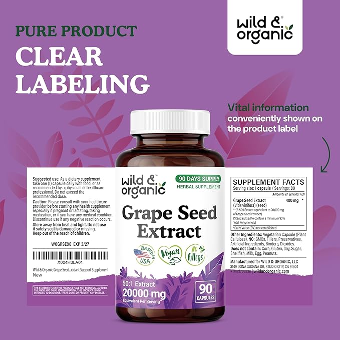 Wild &amp Organic Grape Seed Extract Capsules - 20000 mg Strength Grapeseed Extract Equivalent - 95% Polyphenols - 400 mg per Serving - 3 Month Supply - 90 Vegan Capsules - Non-GMO