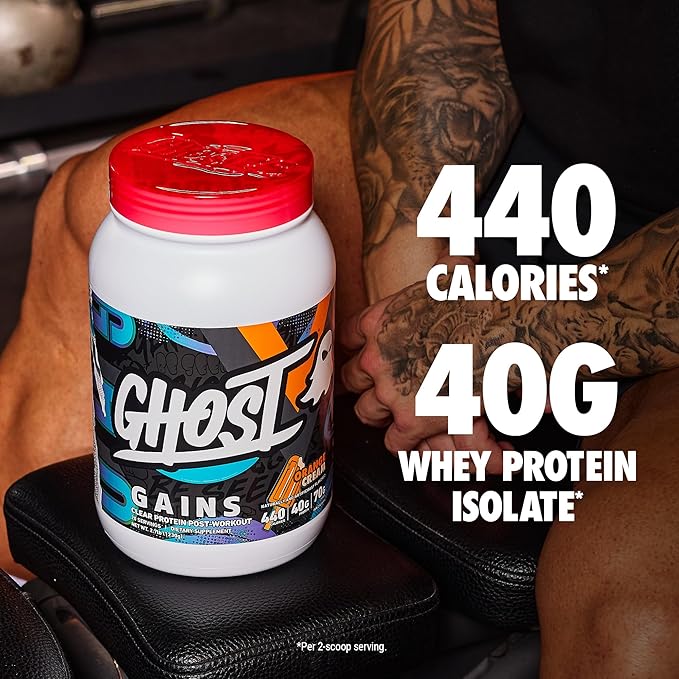 GHOST Clear Gains Mass Gainer Protein Powder - Post-Workout Weight Gainer Mix - 40g of Whey Protein Isolate 440 Calories &amp 70g Vitargo Carbs - Lean Muscle Building &amp Recovery - Orange Cream
