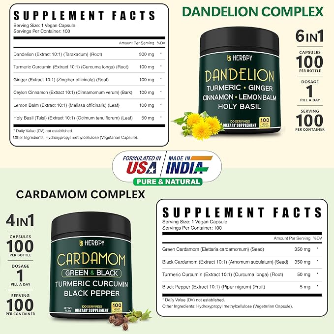 Bundle 6in1 Dandelion Supplement 100 Count &amp 4in1 Cardamom Supplement 100 Count - for Immune Heart Digestion Health &amp Natural Wellness
