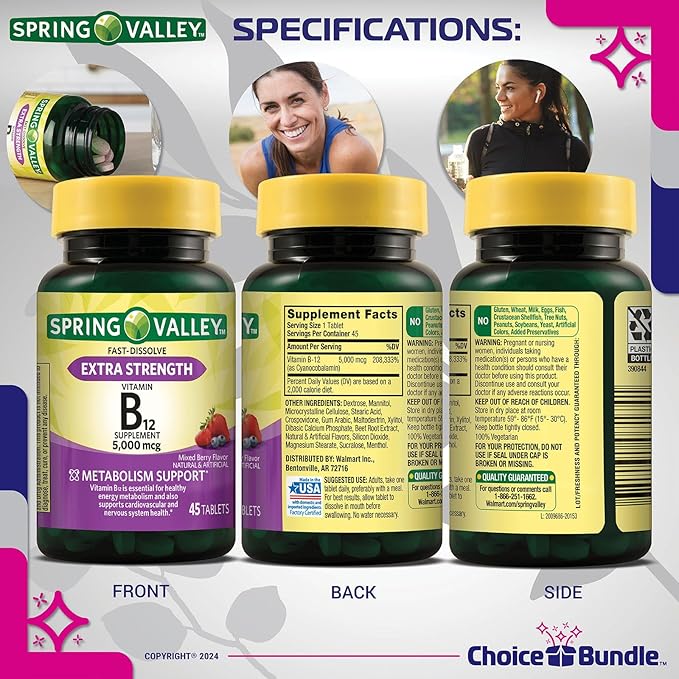 Spring Valley Vitamin B12 Fast Dissolve Tablets Extra Strength Metabolism Support 5000 mcg 45 Ct 4 pk (180 Total) + Vitamin Vitality &amp Pill Buddy (6 Items)!