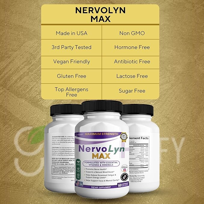 NervoLyn Max Maximum Strength Nerve Support Supplement 60 Capsules with Vitamin B Complex Vegan Gluten Free Non-GMO 30 Day Supply (3)