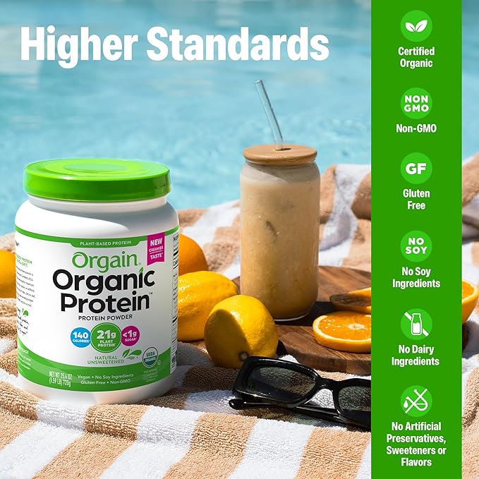 Orgain Organic Vegan Protein Powder Natural Unsweetened - 21g of Unflavored Plant Protein 4g Prebiotic Fiber Low Net Carbs No Added Sugar Non-GMO For Shakes &amp Recipes 1.59 lb