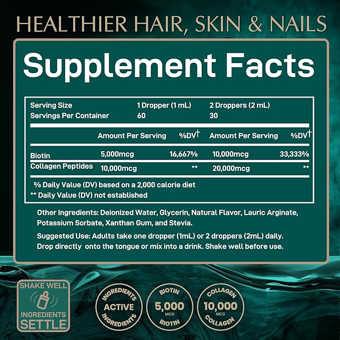 Liquid Collagen Peptides with Biotin Drops - 30000mcg Biotin and Collagen Liquid for Women and Men - Youthful Skin Hair Growth Strong Nails - Hair Vitamins for Hair Loss - Lemon Flavor - 2x2oz