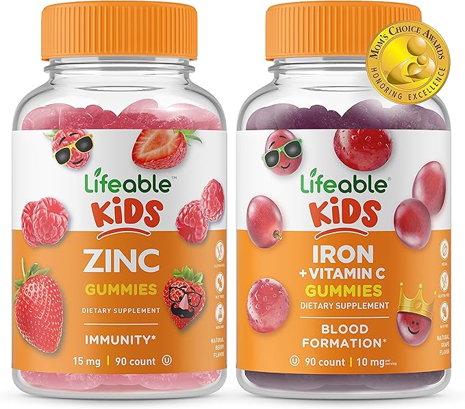 Lifeable Zinc Kids + Iron &amp Vitamin C Kids Gummies Bundle - Great Tasting Vitamin Supplement Gluten Free GMO Free Chewable Gummy