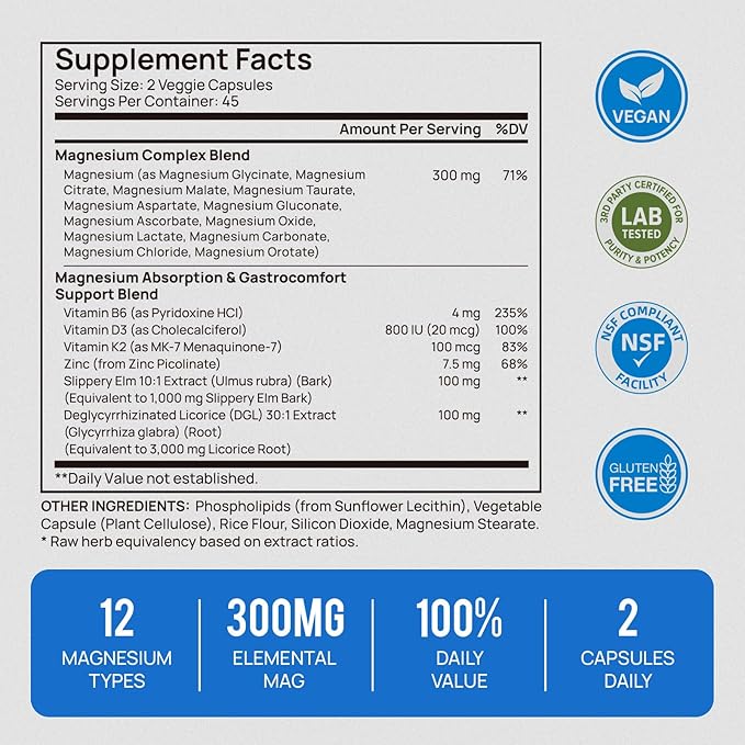 18 in 1 Magnesium Complex for Women and Men | Liposomal Magnesium Supplement with Glycinate Citrate Malate Taurate D3 &amp K2 | High Absorption for Muscle Sleep Bone Nerve Support | 90 Capsule
