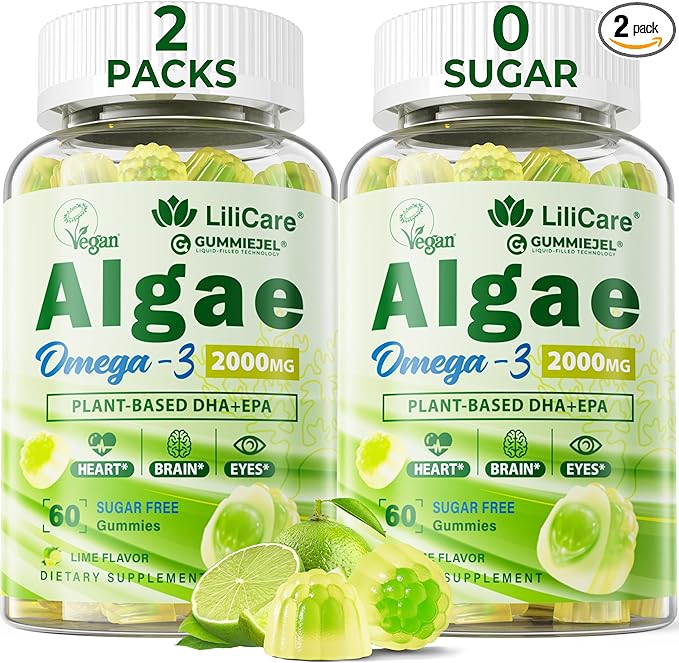 Omega 3 Gummies 2200mg from Algae Oil (DHA 640mg &amp EPA 290mg) for Women &amp Men Vegan Omega 3 Fish Oil Alternative w/CoQ10 Astaxanthin Vitamin A E D3 for Brain Eye AntioxidantSugar Free