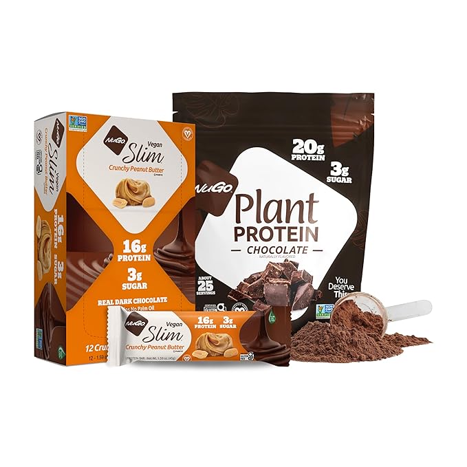 NuGo Slim Dark Chocolate Crunchy Peanut Butter 17g Vegan Protein 3g Sugar 12 Count and NuGo Plant Protein Powder 20g Protein 3g Sugar 25 Servings