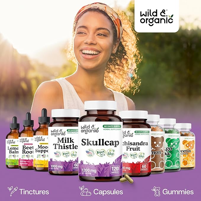 Wild &amp Organic Skullcap Herb Capsules 1200 mg - Calming Skullcap Supplement - 120 Capsules - Scutellaria Lateriflora Leaf Extract - 2-Month Supply - Vegan No Fillers Non-GMO
