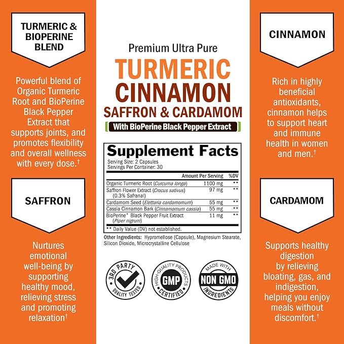 Turmeric Supplement with Saffron Cinnamon and Cardamom (1 Month Supply) Plus 40 Billion CFU Daily Probiotic Supplement (1 Month Supply)