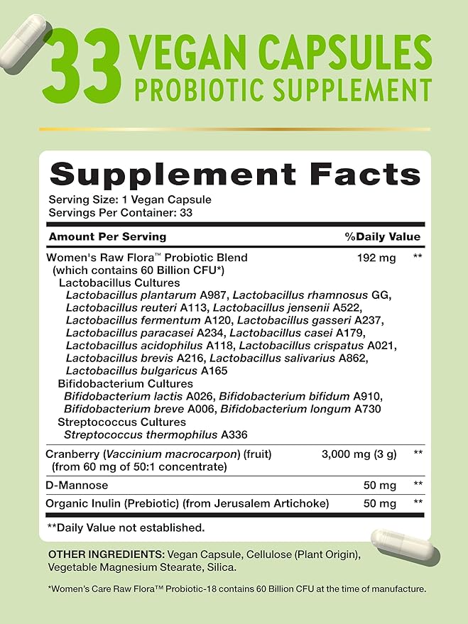 Raw Flora Women's Probiotics | Dr. Formulated 60 Billion CFU + Prebiotics | Digestive Vaginal &amp Urinary Support | 33 Vegan Capsules with Cranberry &amp D-Mannose | Shelf Stable