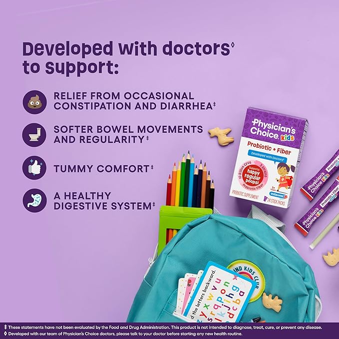 Physician's Choice Kids Probiotic + Prebiotic Fiber Packets (Ages 1+) - Supports Regularity Occasional Constipation &amp A Healthy Digestive System - No Allergens or Preservatives - Unflavored - 24