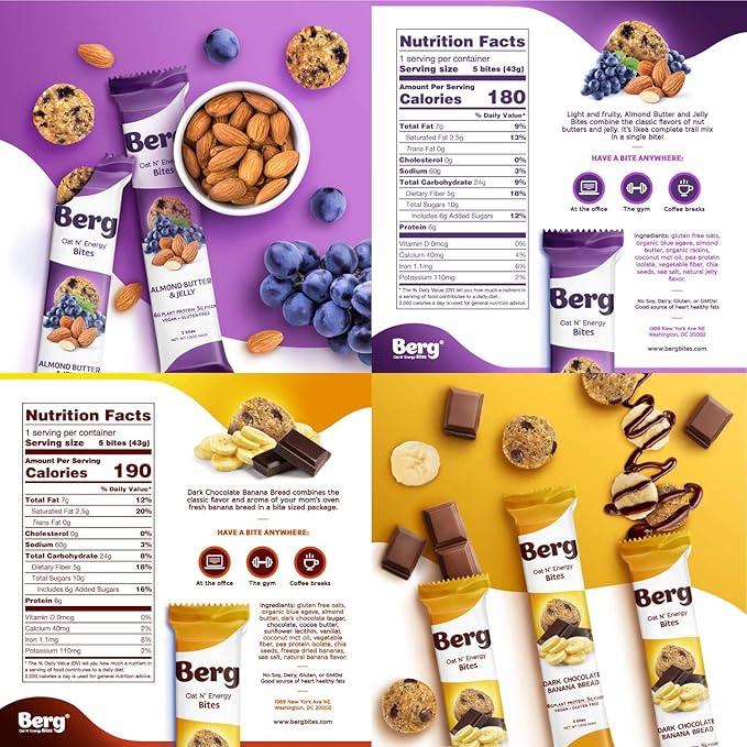 Berg Energy Bites Variety Pack – Plant-Based Protein Snack with 16g Protein &amp 1g Sugar – Vegan Gluten-Free Low Sugar High Fiber Non-GMO Prebiotic Superfood Bites – 1.5oz (8 Pack)