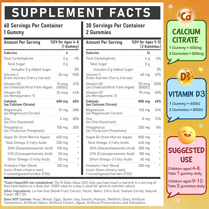 Kids Calcium Gummies with Vitamin D3 K2 - Calcium Citrate with Magnesium Zinc Omega-3 and Probiotics for Kids Bone Health Digestive &amp Development Support - Sugar Free Gummies Non-GMO Vegan
