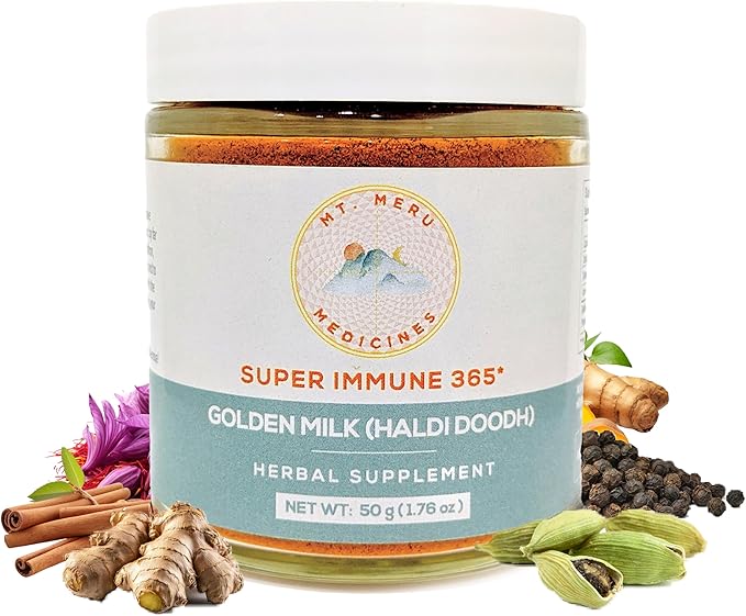 Mt.Meru Medicines Ayurvedic Haldi Doodh/Golden Milk Superblend- with Immune Boosting Formula Gluten-Free for Brain Health Gut Support with High Curcumin Lakadong Turmeric (1.76oz/50g)
