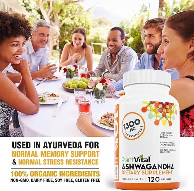 Plantvital Organic Ashwagandha Capsules with Black Pepper 1300mg - 120 Vegan Capsules for Normal Stress Response Normal Sleep and Energy - Non-GMO Gluten-Free Made in USA