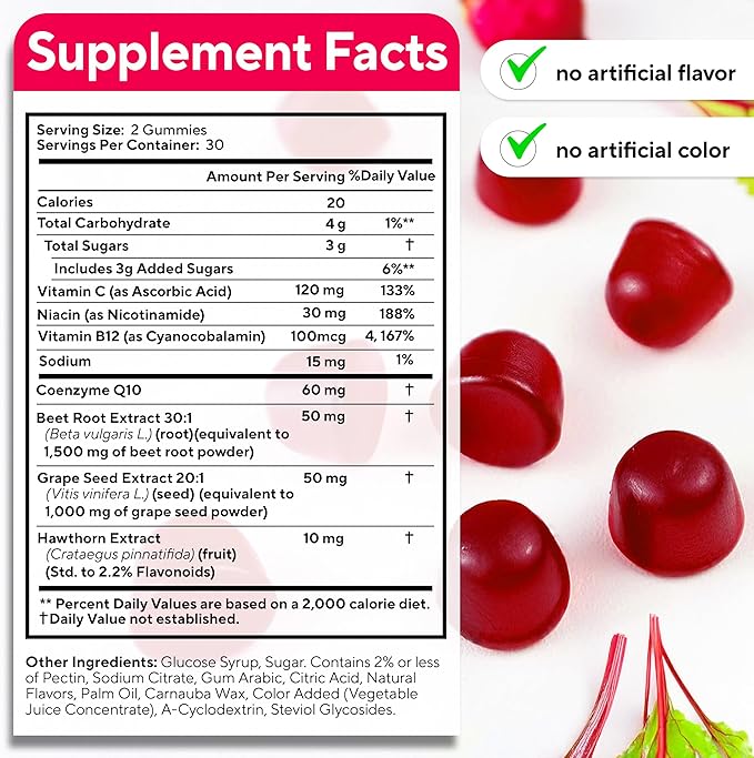 Beet Root Gummies – Beetroot Supplement with CoQ10 Grape Seed Vitamin C B12 &amp B3 – Nitric Oxide Gummies for Circulation Support – Beet Supplement for Energy &amp Immune Support – 60 Beets Chew